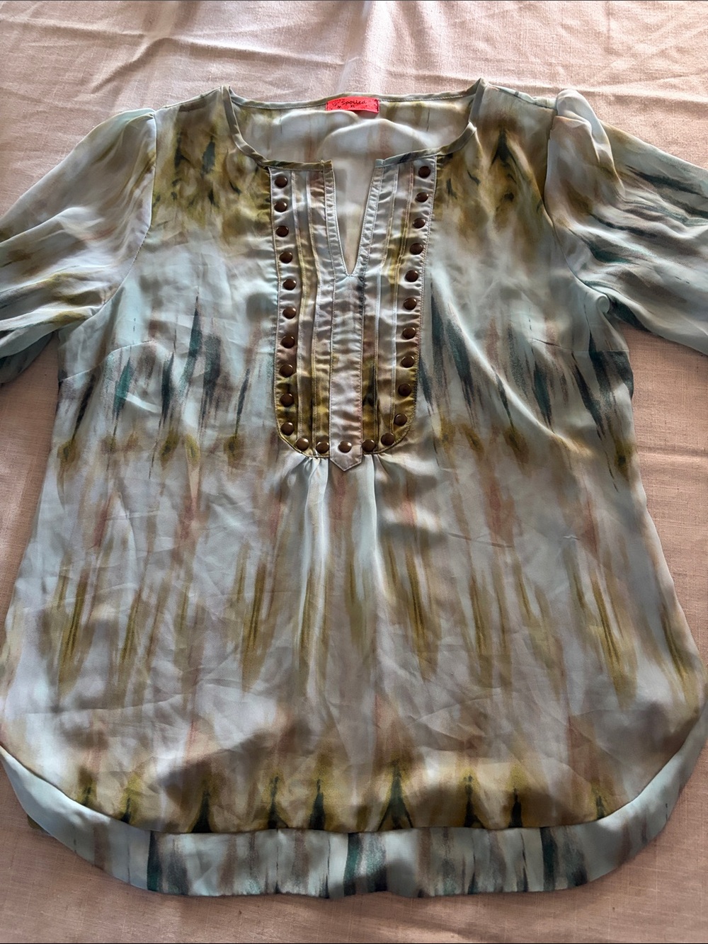 0031-Spoiled lLight Blue Tie-Dye Split-Neck Blouse with Stud Detail